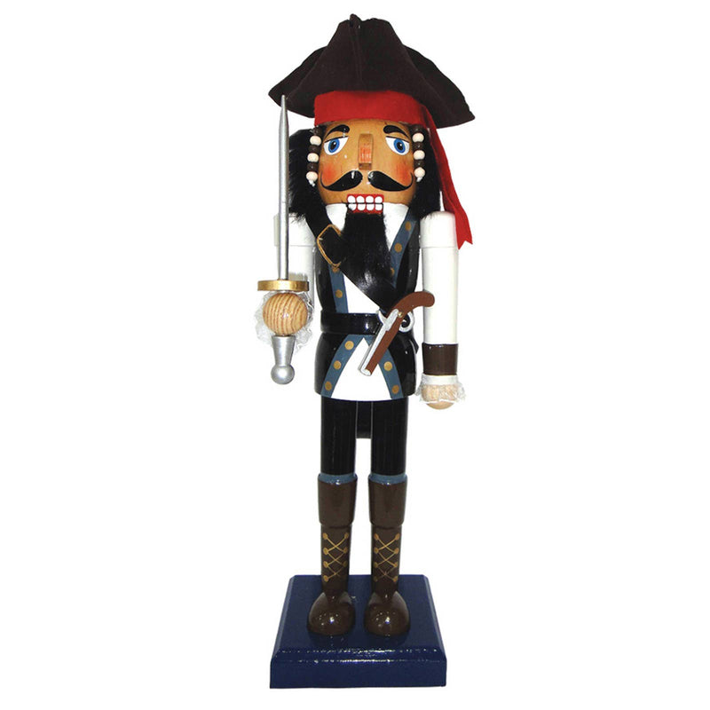 14 inch Johnny Pirate Nutcracker wearing tricorn hat red band hand-painted vest holding sword and pistol holster on square base