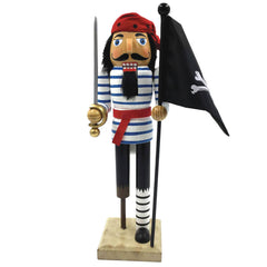 14 inch Peg Leg Pirate Nutcracker wearing striped shirt and red bandana holding sword and skull-and-crossbones flag
