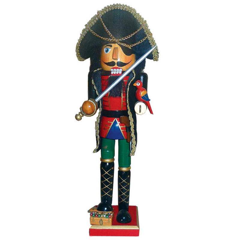 15 inch Pirate Nutcracker wearing black coat and pirate hat holding sword with parrot on arm and treasure chest at base