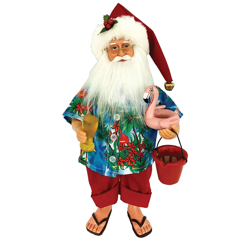 15 inch Santa figurine in Hawaiian shirt holding pink flamingo floaty red beach bucket and golden drink coastal Christmas décor