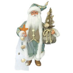 15 inch Seashore Claus Santa figurine in seafoam outfit holding starfish shell-covered net and coastal Christmas tree
