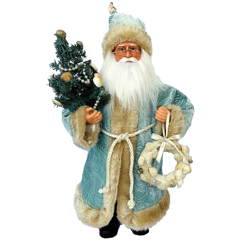 15 inch Seaside Santa figurine in seafoam robe holding shell-decorated tree and wreath coastal Christmas décor