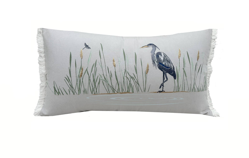 Blue Heron Embroidered Indoor Lumbar Pillow
