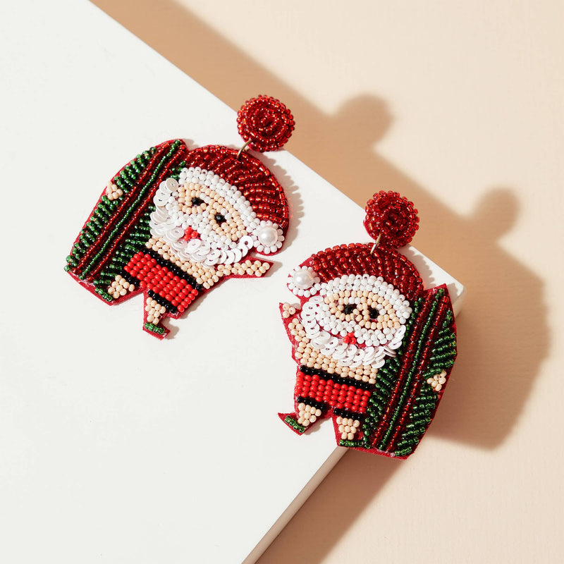 Seed Bead Surfing Santa Dangling Earrings