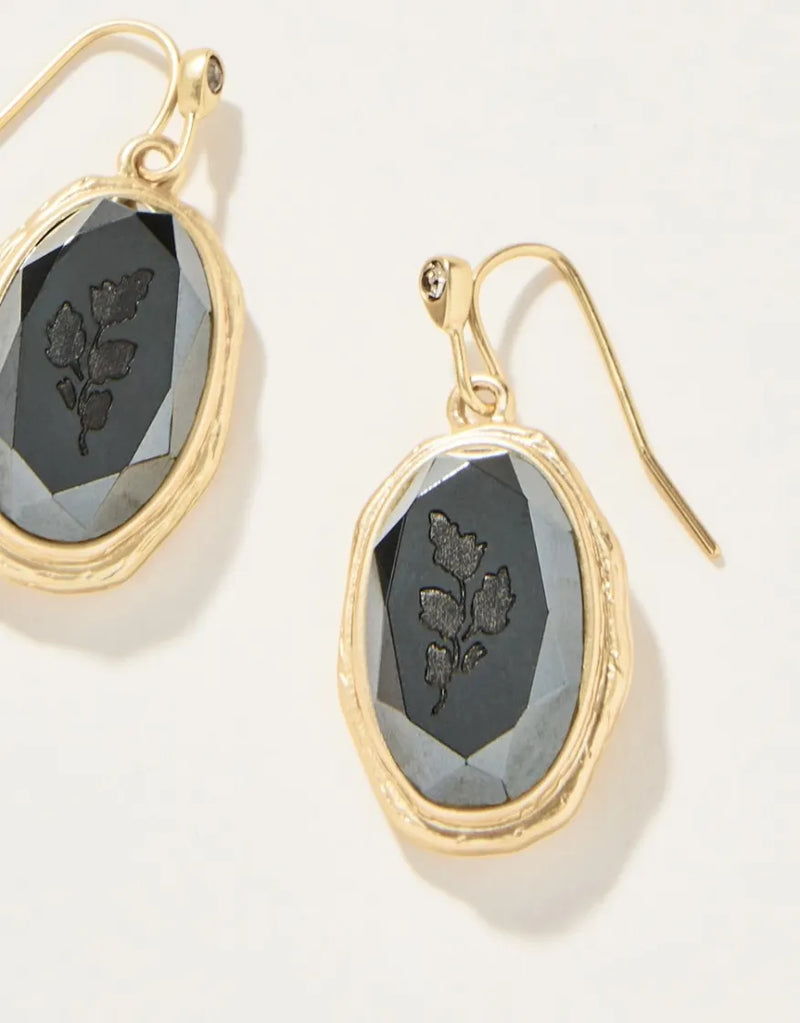 Linden Oval Drop Earrings Carved Hematite