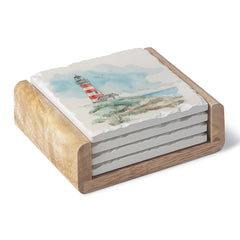 Seaside Lighthouse Absorbent Stone Coasters in Wooden Holder