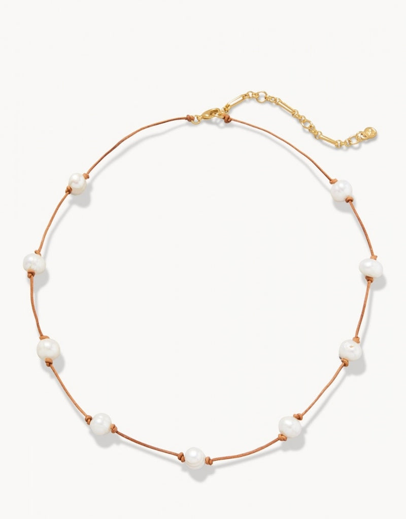 Boho Pearl Necklace - 16" - Pearl & Leather