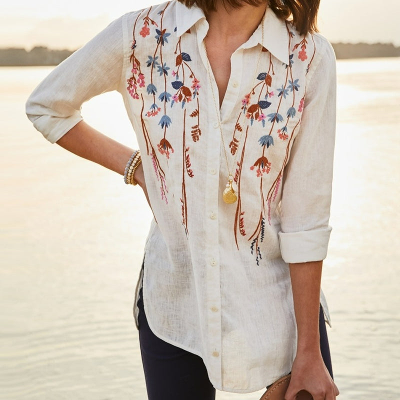 Ada Linen Tunic - Oyster Factory Field Flowers Embroidery