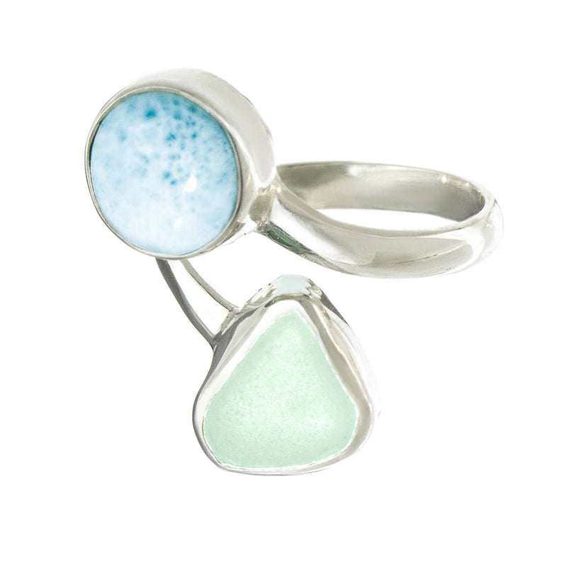 Sea Glass & Larimar Ring, adjustable