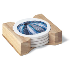 Indigo Urchin Round Stone Coasters in Wooden Holder