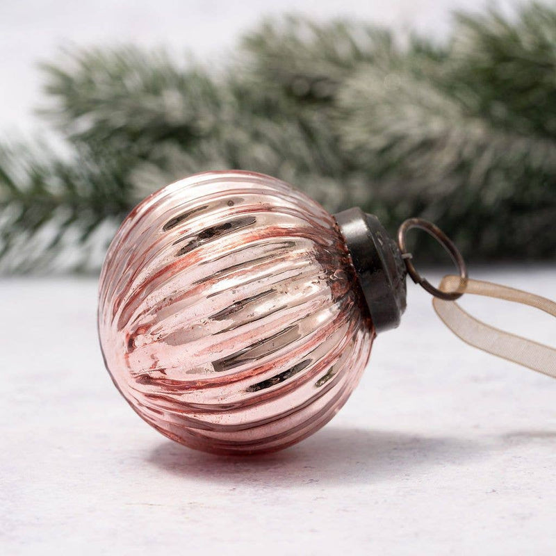 2" Medium Rose Quartz Ribbed Glass Christmas Bauble