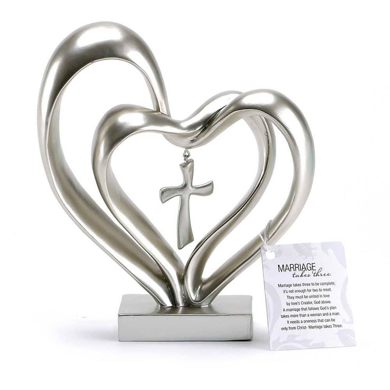 Silver Tabletop Double Heart With Cross