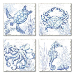 Coastal Sketch Assorted Image Tumbled Tile Coaster 4 Pack