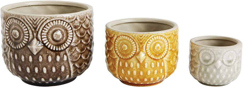 Owl Stoneware Pots, Set of 3