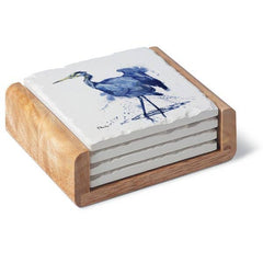 Blue Heron Absorbent Stone Coaster Set in Wood Holder