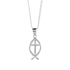 Silver Plated Open Fish With Cross Necklace