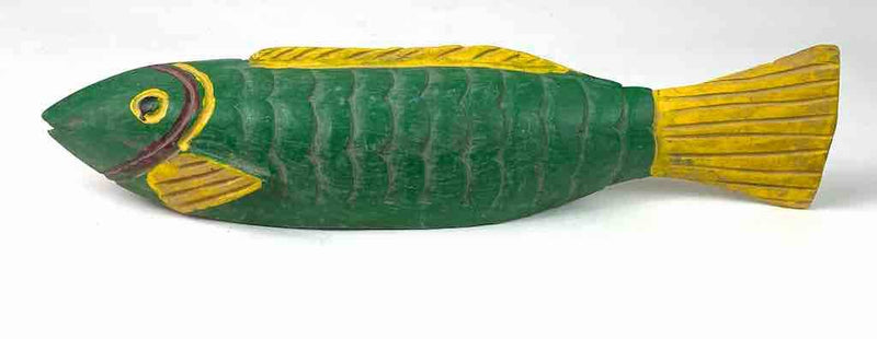 African Ceremonial Bozo Fish Puppet Sculpture - Green with Yellow - 16"