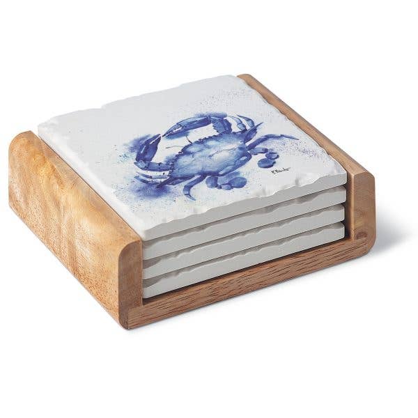 Blue Crab Absorbent Stone Coaster Set of 4 with Holder