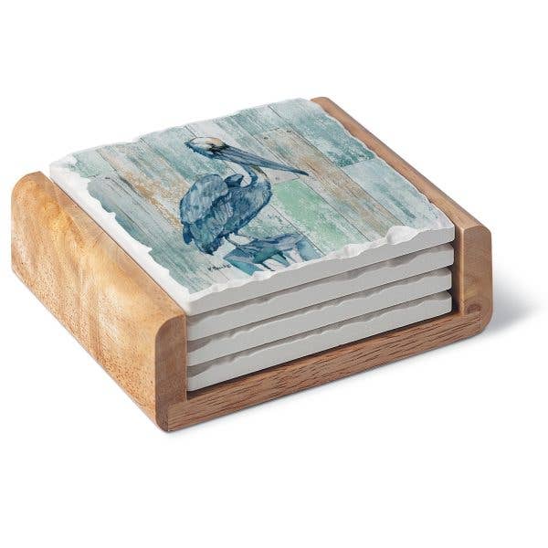 Pelican Absorbent Stone Coaster Set in Wood Holder