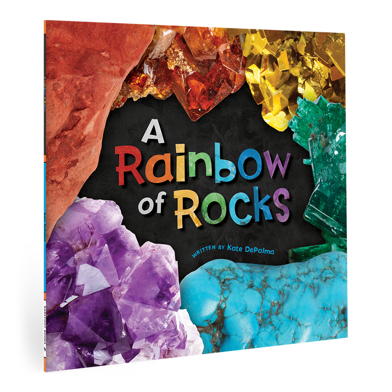 Cover of "A Rainbow of Rocks" children's book featuring colorful rocks and minerals.