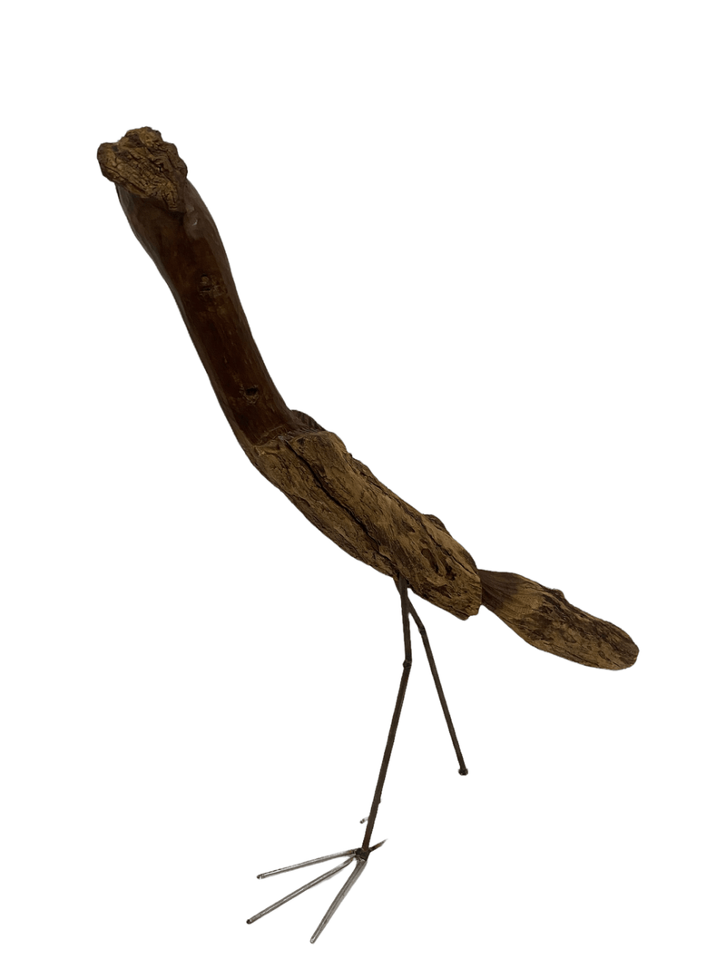 Hand-carved African Road Runner bird sculpture in rustic wood – decorative coastal home accent