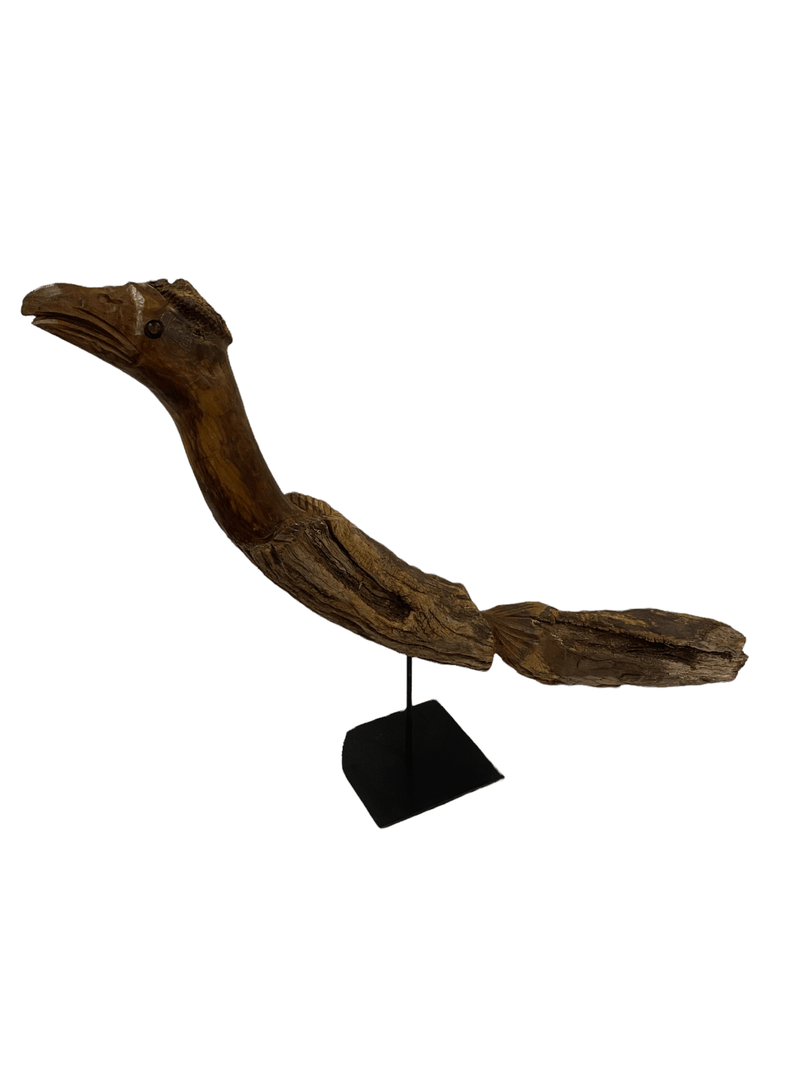Hand-carved African Road Runner bird sculpture on stand – rustic wooden coastal decor accessory