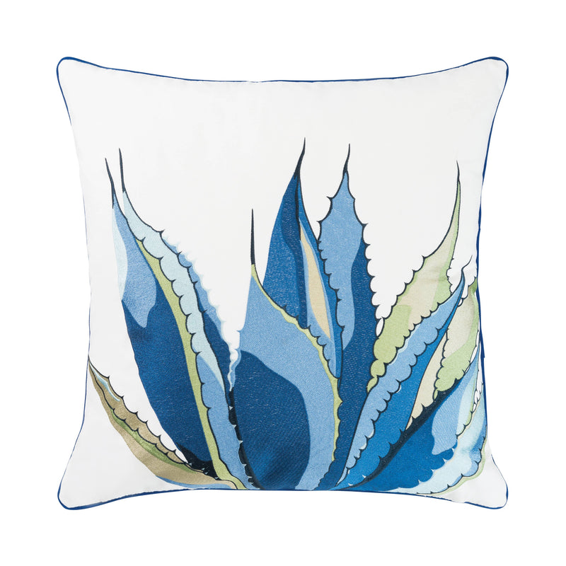 Agave-Tequila Maker Indoor/Outdoor Pillow with vibrant shades of blue agave design on a crisp white background