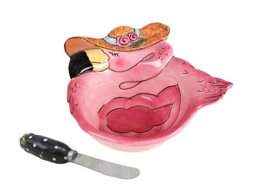 Hand-painted flamingo dip bowl with spreader – whimsical tableware décor