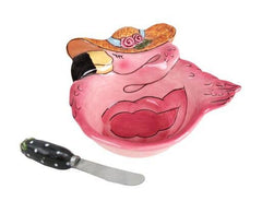 Hand-painted flamingo dip bowl with spreader – whimsical tableware décor