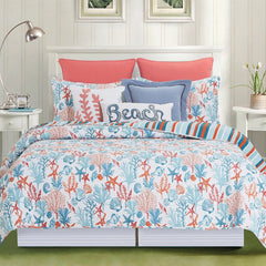 Coastal coral reef quilt and shams in blue and orange