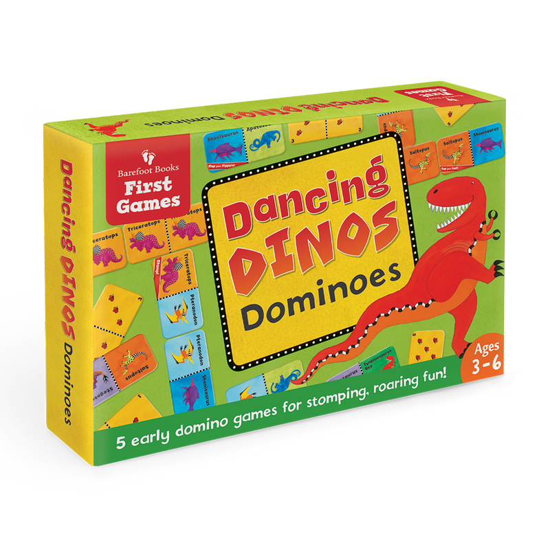 Dancing Dinos Dominoes set featuring colorful dinosaur illustrations on two-sided domino pieces.