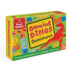 Dancing Dinos Dominoes set featuring colorful dinosaur illustrations on two-sided domino pieces.