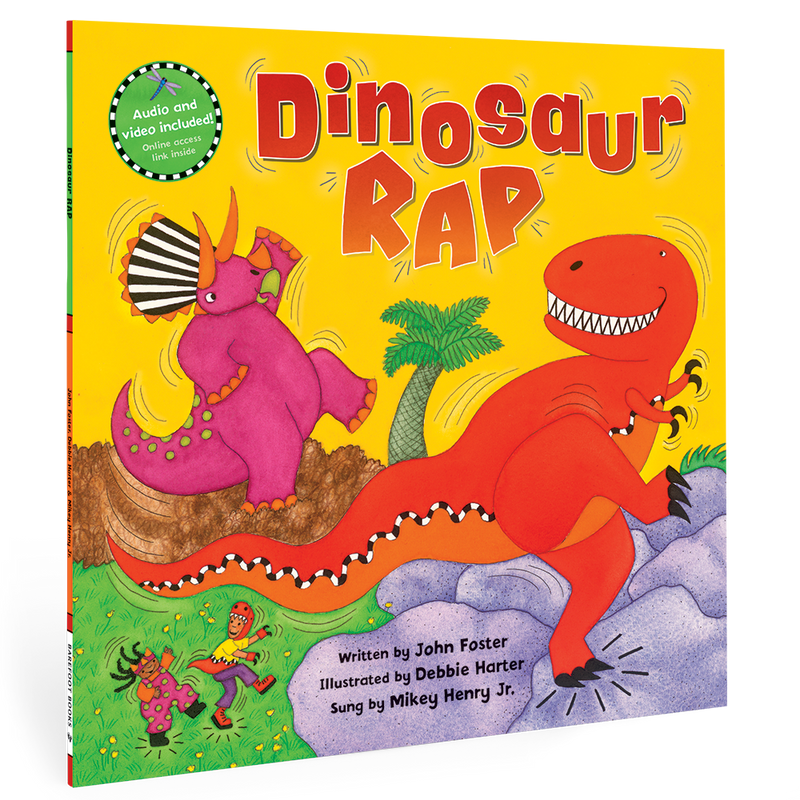 Cover of "Dinosaur Rap" children's book featuring colorful illustrations of dancing dinosaurs.