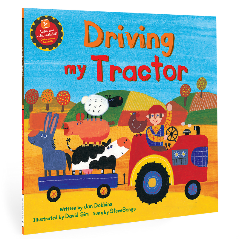 Cover of "Driving My Tractor" children's book featuring a farmer driving a tractor with various farm animals.