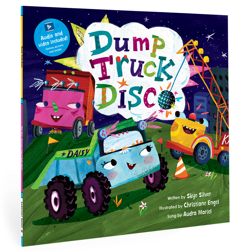 Cover of "Dump Truck Disco" children's book featuring Dump Truck Daisy and her construction crew dancing.