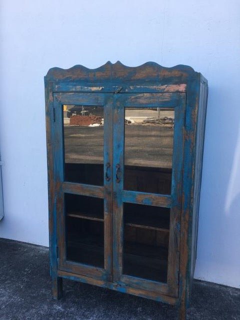 Antique wood cabinet with glass display shelves – coastal inspired décor