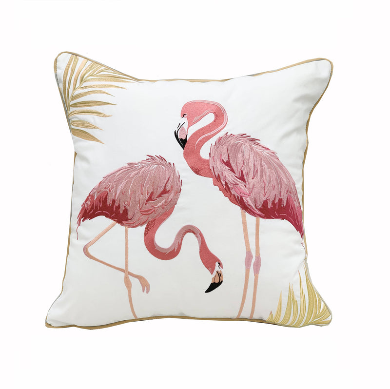 intricate flamingo embroidery with gold and silver accents on the Flamingo Fancy Pillow.