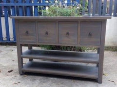 Rustic grey console table with four drawers and shelves – solid wood furniture
