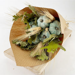Seasonal pumpkin and wheat bouquet – natural farmhouse fall centerpiece