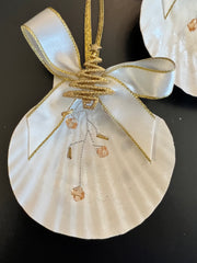 Handmade Scallop Ornament With White/Gold Bow