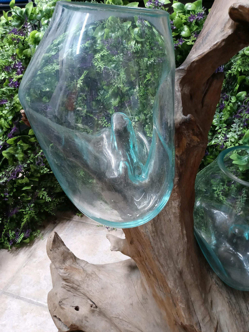 Teak Wood and Molten Glass Terrarium- Two Globes