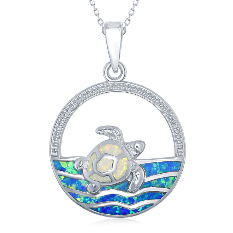 Sterling Silver White Opal Turtle on the Water Pendant Necklace