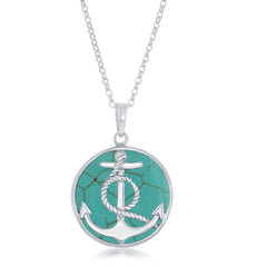 Sterling Silver Anchor with Twisted Rope Round Turquoise Pendant W/Chain