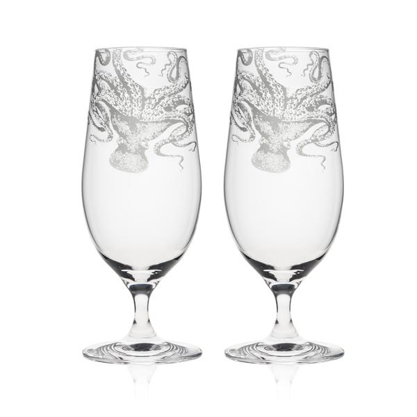 Octopus Etched Crystal 18 oz Wine Glass Set of 2