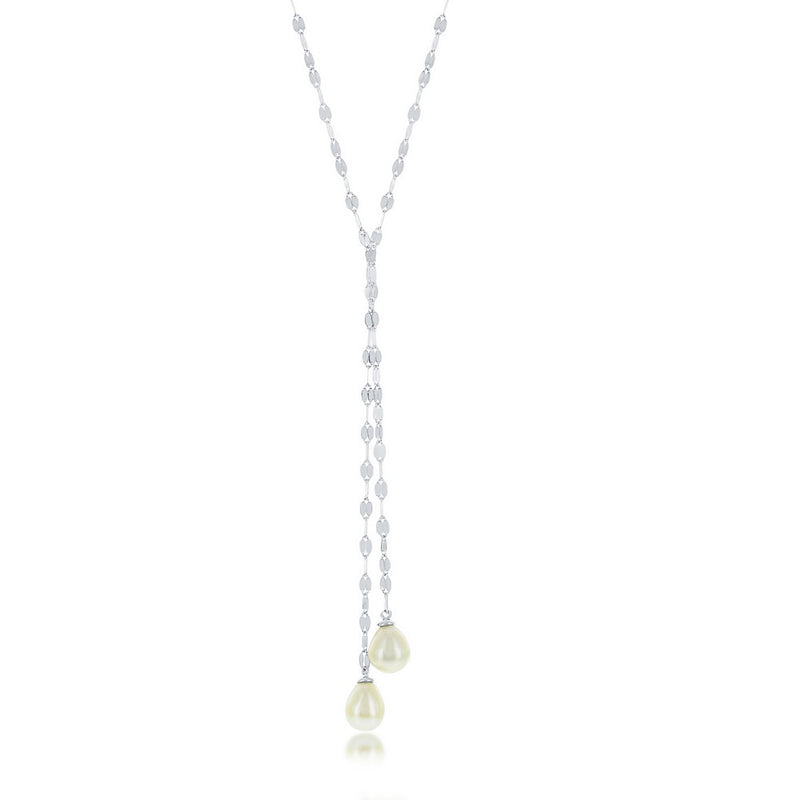 Sterling Silver High Polish Flat Mirror Chain with Fresh Water Pearl Lariat Necklace