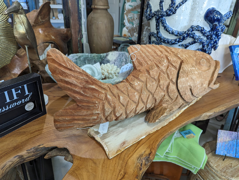 Hand Carved Fish Hook Wood Sculpture - Hawaiian Decor