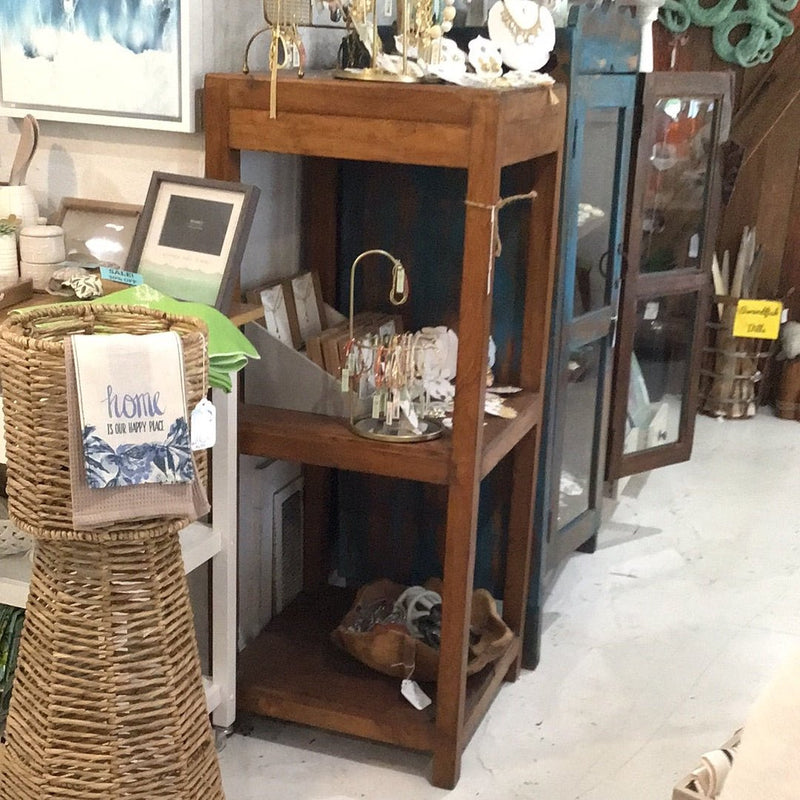 Square wood bookcase with natural finish – farmhouse or coastal décor style