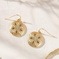 Sand Dollar Earrings – Opal Gold Earrings Styled on Fabric