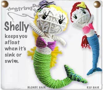 Handmade Shelly the Mermaid String Doll Keychain featuring a colorful mermaid design with fabric tag and lobster clasp.