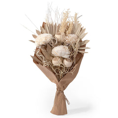 Neutral sola flower and palm bouquet – coastal home décor arrangement